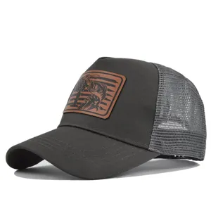 Classic dark grey mesh baseball cap with stylish fishing leather patch, breathable sun hat.