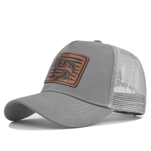 Grey mesh trucker hat with leather bass fishing patch, breathable summer baseball cap