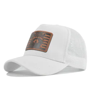 White mesh trucker hat featuring a cool raccoon leather patch, breathable and stylish for summer.