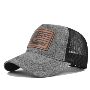 Grey mesh trucker hat with brown leather hunting patch, breathable summer baseball cap.