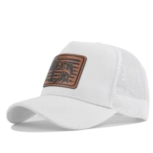 White mesh baseball cap with brown leather patch, perfect for outdoor summer fishing style.