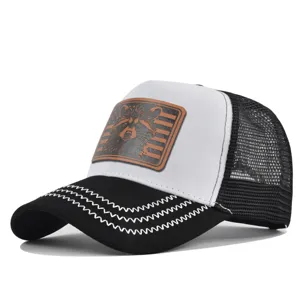 Summer mesh baseball cap with raccoon leather patch, breathable trucker hat for sun.