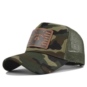 Camo trucker hat with raccoon leather patch, breathable mesh summer baseball cap design.