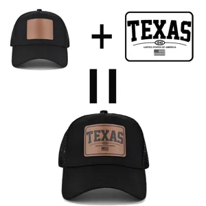 Zwarte truckerpet met lederen patch en US Texas vintage stijl ontwerp voor dagelijks gebruik.