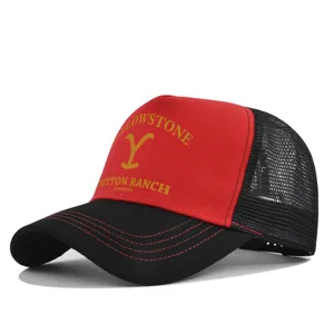 Red and black Yellowstone Dutton Ranch mesh trucker baseball hat for men and women, breathable.