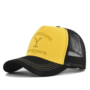 Yellowstone trucker mesh baseball cap, yellow and black snapback hat with vintage logo print.