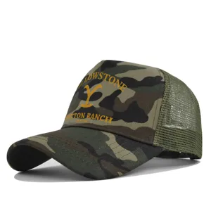 Camouflage mesh trucker hat featuring Yellowstone Dutton Ranch print and breathable back.