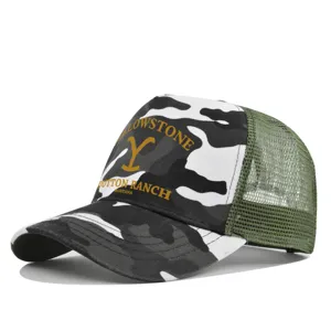 Camo trucker hat with mesh back and Yellowstone Ranch print design for outdoor casual wear.