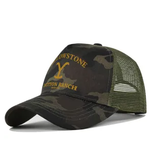 Camo mesh baseball cap with Yellowstone Dutton Ranch printed logo for outdoor sun protection.