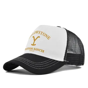 Classic black and white trucker hat with Yellowstone Dutton Ranch printed front design.