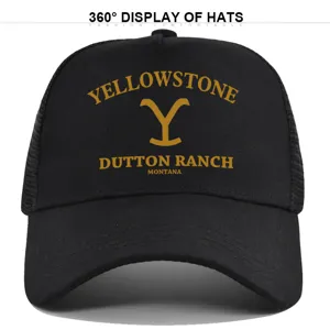 Classic black trucker hat featuring Yellowstone Dutton Ranch printed logo, breathable mesh design.