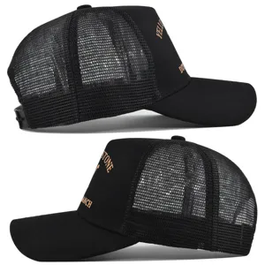 Black mesh baseball cap with Yellowstone Ranch embroidery, breathable trucker hat for summer.