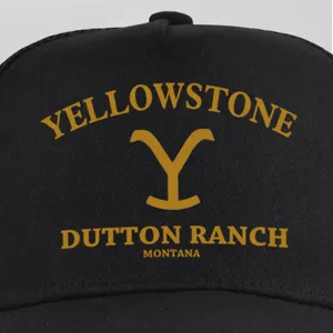 Black mesh baseball cap with yellow Yellowstone Dutton Ranch print for outdoor sun shade.