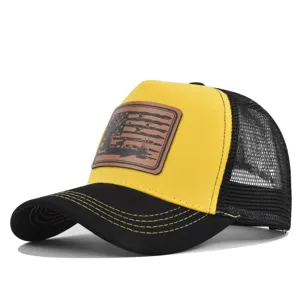 Yellow and black mesh baseball cap with hunting leather patch, breathable summer sun hat.