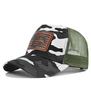Camo mesh baseball hat with brown fishing leather patch, breathable trucker cap for summer outdoor.
