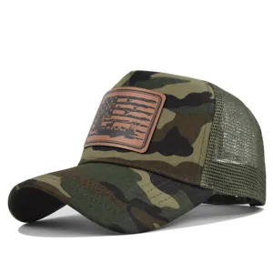 Camouflage trucker hat with leather patch, breathable mesh back, outdoor hunting baseball cap.