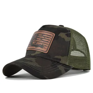 Camo mesh baseball cap with brown leather hunting patch, breathable outdoor trucker hat.