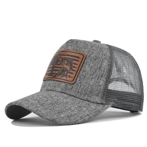 Grey trucker baseball cap with mesh back and brown leather patch fishing outdoor hat for men