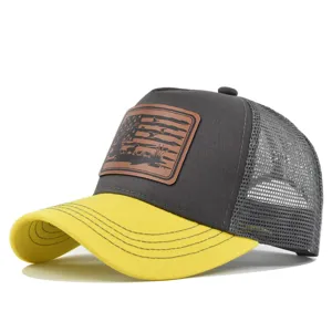 Duck hunting leather patch trucker hat with yellow brim, mesh back baseball cap for summer.