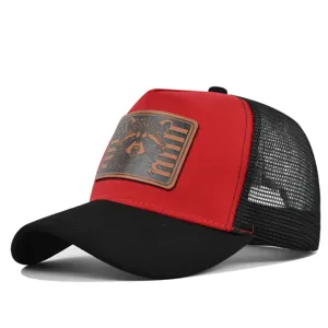 Red and black mesh baseball cap with stylish raccoon leather patch for summer sun.