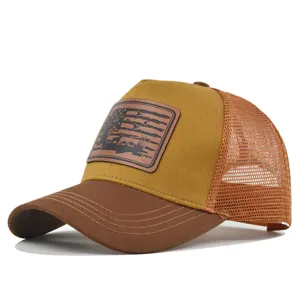Adjustable hunting mesh baseball cap with stylish faux leather flag patch for summer outdoor.