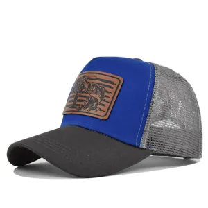 Summer breathable mesh baseball cap with leather patch, stylish blue and gray trucker hat.