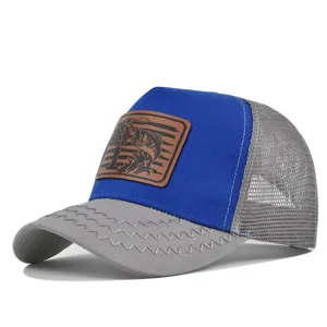 Mesh baseball hat for men with leather fishing patch, breathable trucker hat for summer.