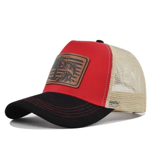 Mesh baseball cap with fishing leather patch, red and black trucker hat for summer outdoor sun.