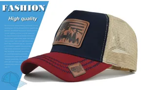 Classic outdoor mesh baseball cap with stylish leather patch and breathable trucker design.