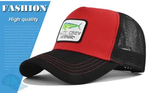 Red and black mesh baseball cap with Salty Crew fishing embroidery, stylish summer sun hat.