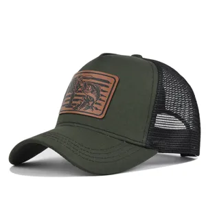 Men Women Fishing Leather Patch Trucker Hat Summer Outdoor Mesh Baseball Cap Breathable