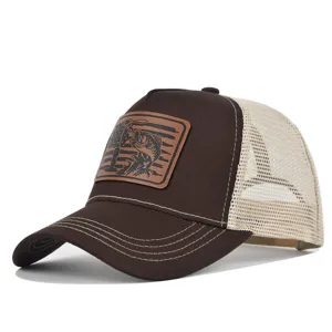 Summer mesh baseball cap with leather patch fishing trucker hat breathable outdoor sun hat