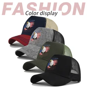 Mesh baseball cap with eagle print, breathable trucker hat, adjustable outdoor sun hat for men and women