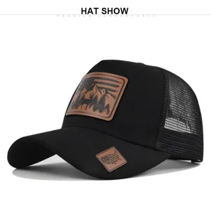 Black mesh trucker hat with leather mountain deer patch for summer outdoor sun protection.