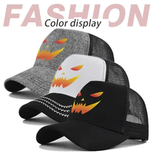 Halloween printed mesh baseball cap color display showing grey, white and black options.