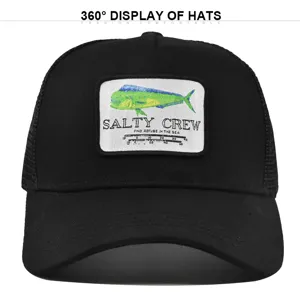 Close-up detail of the black mesh fishing baseball cap featuring embroidered mahi-mahi fish patch.