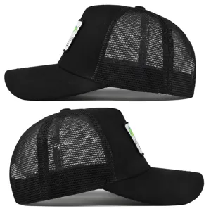 Classic black mesh trucker hat with embroidered fish patch, breathable summer cap.