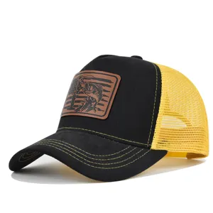 Black yellow trucker hat with leather fish patch and breathable mesh back for summer.