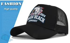 Classic black mesh baseball cap with vintage Omaha Beach eagle print, breathable and stylish.