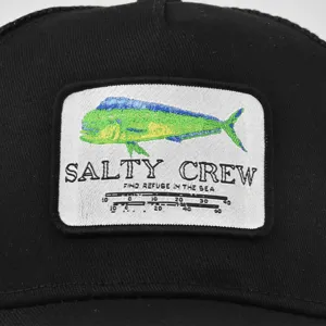 Black mesh fishing baseball cap with embroidered fish logo patch and classic style text.