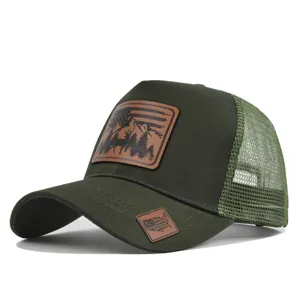 Outdoor mesh baseball cap with leather patch, tactical hunting trucker hat detail view.