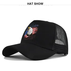 Black mesh baseball cap featuring American eagle print, breathable duck tongue sun hat for adults.