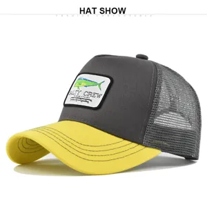 Details of the fishing embroidered baseball cap with mahi-mahi badge, mesh back and yellow brim.