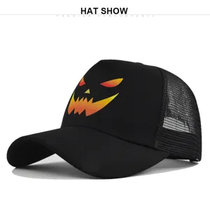Black mesh baseball cap with Halloween pumpkin print, breathable sun protection hat for men women.