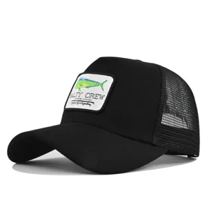 Black mesh trucker hat with embroidered mahi fish patch, breathable summer casual cap.