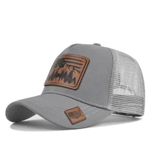 Classic gray mesh trucker baseball hat with outdoor deer leather patch for summer sun protection