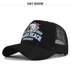 Black trucker hat with eagle Omaha Beach print, breathable mesh baseball cap for men and women.