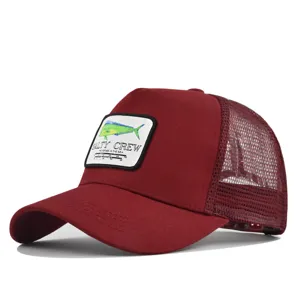 Red mesh trucker hat with mahi mahi fish embroidered patch, summer casual baseball cap.