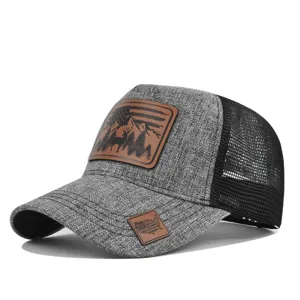 Classic grey trucker hat with breathable mesh back, outdoor deer leather patch for summer sun.