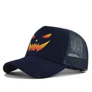 Halloween pumpkin print trucker hat, breathable mesh baseball cap, dark blue sunshade hat.